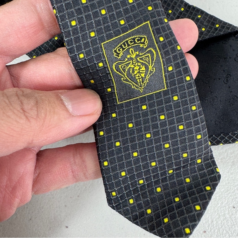Gucci Silk Tie Gray Yellow Micro Dot Pattern Designer Luxury Necktie - Picture 7 of 16